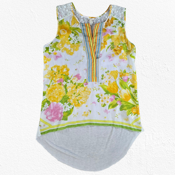 Tiny Anthropologie Yellow Floral Silk Lace Back Tank Top Boho Spring Size Small - Picture 1 of 7